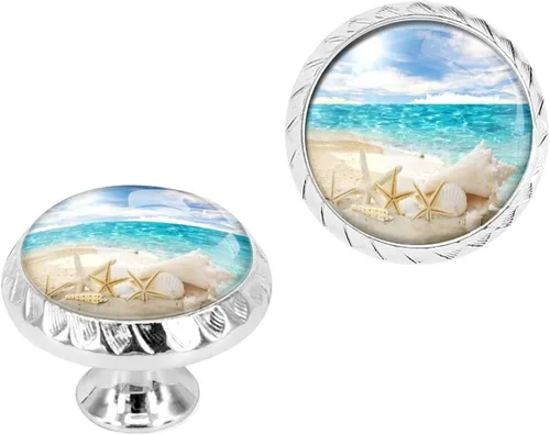 Vista 5 de Paquete de 4 tiradores negros para cajones, diseño de estrella de mar de mar y conchas azules con diseño de horizonte, manijas de cristal