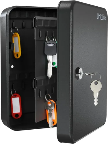 Vista 11 de Uniclife Gabinete de llaves de 20 posiciones con cerradura de llave montada en la pared, caja de almacenamiento de seguridad negra, organizador