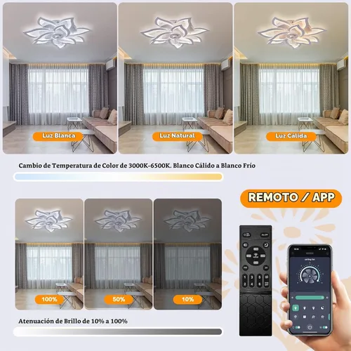 Vista 3 de Ventilador de techo con luz, moderno ventilador de techo de montaje al ras para interiores con luz LED regulable y control remoto, 3 temperaturas