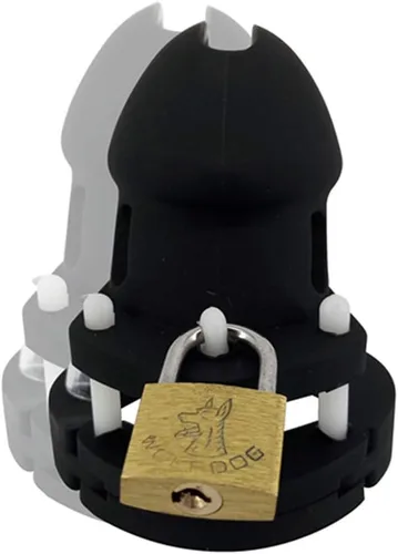 Vista 5 de Dispositivo de castidad masculino de silicona suave con 5 anillos, dispositivo de jaula de castidad masculina de color negro con cerradura y llave