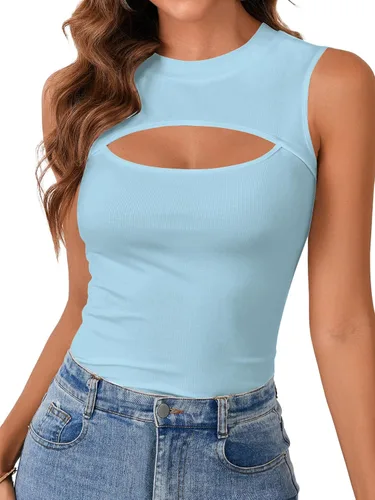 Vista 29 de Vrtige Camiseta sin mangas sexy con cuello redondo para mujer, de punto acanalado, sin mangas, ajustada