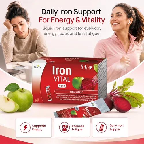 Vista 2 de hübner Iron Vital Suministro de hierro líquido más vitamina C, suplemento dietético para adultos y niños, vegano y sin gluten, sabor a fruta, caja