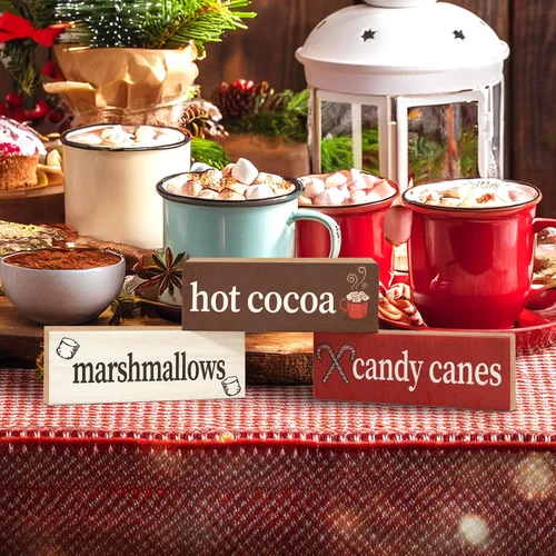 Vista 4 de Juego de 3 piezas de bloques de madera de malvaviscos de chocolate caliente, decoración navideña para barra de cacao caliente o estante