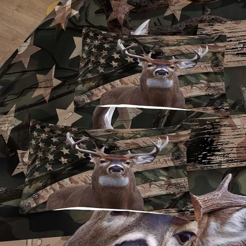 Vista 4 de NINENINE - Juego de edredón de ciervos camuflados - Tamaño individual, ropa de cama temática occidental de bosque con bandera americana para niños