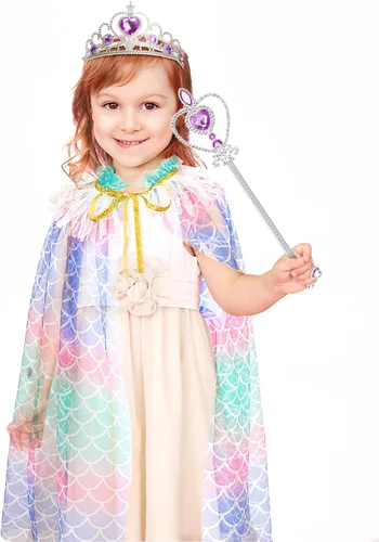 Vista 2 de Fedio Juego de capa de princesa de 7 piezas para niñas con corona de tiara, varita para niñas pequeñas (sirena)