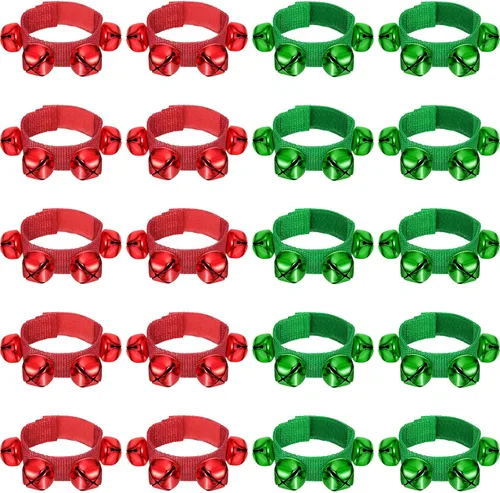 Vista 10 de LEIFIDE 20 pulseras de Navidad con campanas para muñeca, instrumentos musicales agitados, pulsera de ritmo ajustable, para escuela, familia Verde