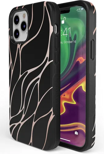 Vista 4 de Casely Funda para iPhone 12/12 Pro Funda de ondas metálicas negras y doradas con cobertura de 360 grados para tu teléfono, recortes precisos