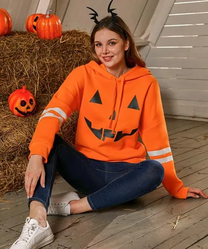 Vista 5 de Spadehill Sudaderas con capucha de esqueleto de calabaza de manga larga para mujer