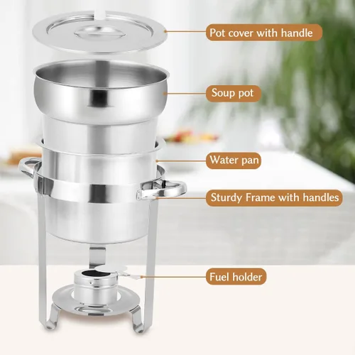 Vista 2 de Calentador de sopa redondo de acero inoxidable de 7 cuartos de galón, paquete de 2 Soup Chafer, Include Pot Lid & Fuel Holder, Commercial Soup Pot