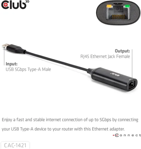 Vista 5 de Club 3D CAC-1421 USB 5Gbps Tipo-A a RJ45 Ethernet Adaptador M/F
