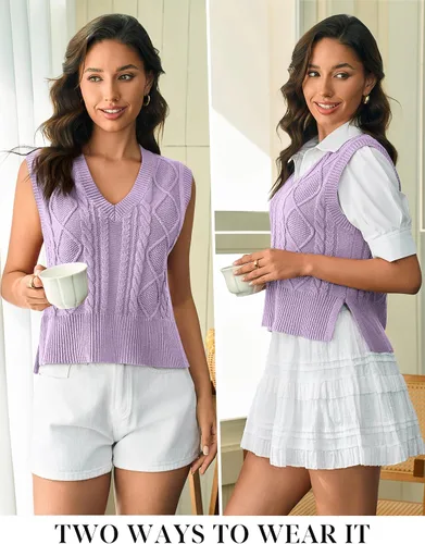 Vista 2 de Chaleco tipo suéter para mujer, cuello en V, sin mangas, de punto, liso, casual, acanalado, sin botones, sin botones