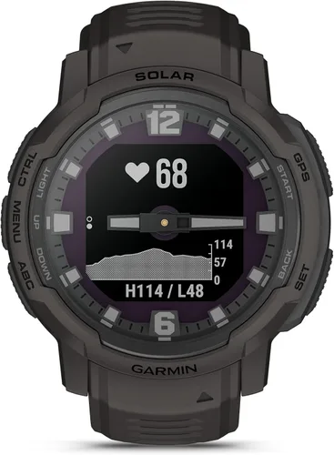 Vista 2 de Garmin Instinct Crossover Solar, reloj inteligente híbrido resistente con capacidad de carga solar, manecillas analógicas y pantalla digital