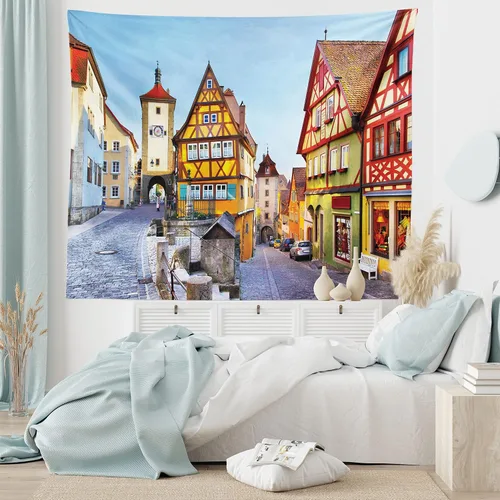 Vista 6 de Ambesonne Tapiz alemán, Rothenburg ob der Tauber Baviera Alemania famosa calle colorida casas clásicas, decoración de tela para colgar en la pared