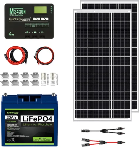 Vista 11 de ExpertPower Kit de energía solar de 100 W y 12 V Batería de litio LiFePO4 de 12 V y 20 Ah Panel solar monorígido de 100 W, controlador de carga