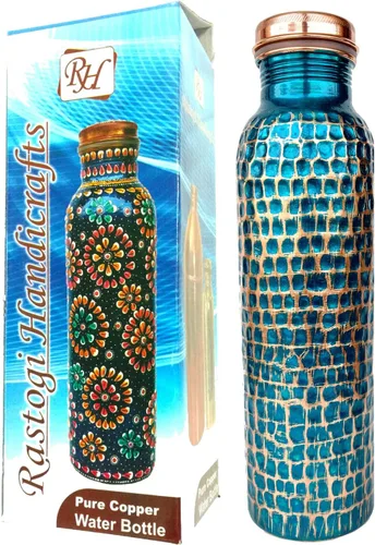Vista 9 de Rastogi Handicrafts Nueva creación Botella de cobre martillada a mano, vaso marrón 950 ml/33 oz