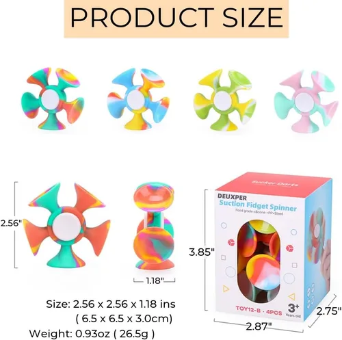 Vista 6 de Paquete de 4 Fidget Spinner con ventosa – Juguete sensorial seguro y suave para aliviar la ansiedad para adultos y niños de 8 a 12 años Juego