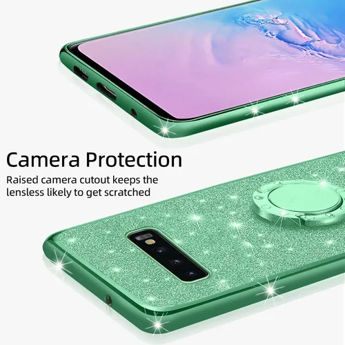 Vista 4 de Funda para S10 Plus, Galaxy S10 Plus para mujer, con purpurina, cristal suave, transparente, TPU de lujo, bonita funda protectora con correa de pie