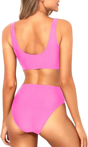 Vista 2 de Tempt Me Traje de baño deportivo de dos piezas para mujer, bikini de cuello redondo y tiro alto, top corto, traje de baño de cintura alta