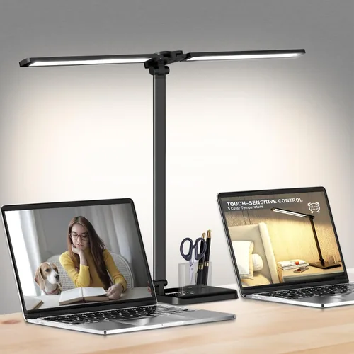 Vista 8 de CHARYJOD Lámpara de escritorio LED retráctil regulable con puerto de carga USB, 50 modos de iluminación, brazo doble oscilante, arquitecto, lámpara