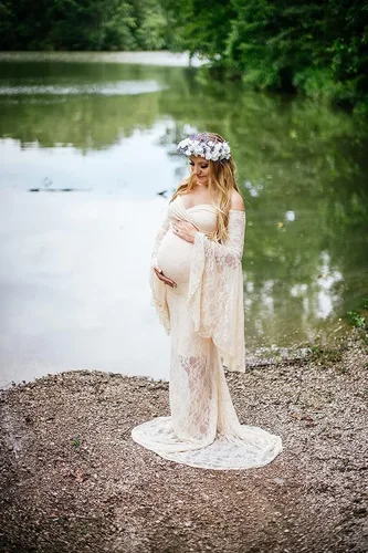 Vista 9 de Saslax Vestido de maternidad de encaje con hombros descubiertos para fotografía, maxi accesorios de maternidad, vestidos para sesión de fotos, baby