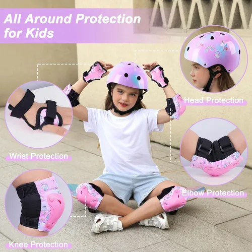 Vista 2 de Casco para niños, casco de bicicleta para niños pequeños con pegatinas DIY Unicornio, rodilleras y coderas ajustables, juego de protección para Rosa