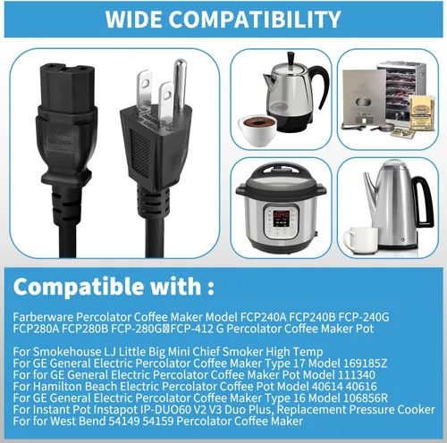 Vista 2 de HASMX Cable de alimentación percolador de 3 clavijas de 36 pulgadas para percolador Hamilton Beach modelo 40616, pieza de repuesto para cafetera