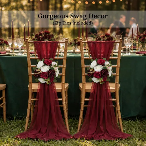 Vista 4 de BLOSMON - Centros de mesa de boda con rosas artificiales, 2 unidades, color borgoña 9.5 Inch Diameter, Red Faux Silk Bouquet with Base, Kissing