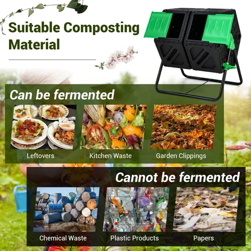 Vista 4 de Goplus Contenedor de compostaje, vaso de compostaje de doble cámara de 34.5 galones con 2 cámaras giratorias, puertas corredizas, compostador
