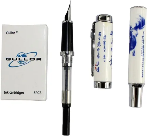 Vista 5 de Gullor Jinhao 950 Caballo de porcelana azul y blanco con caja de regalo y cartuchos de tinta