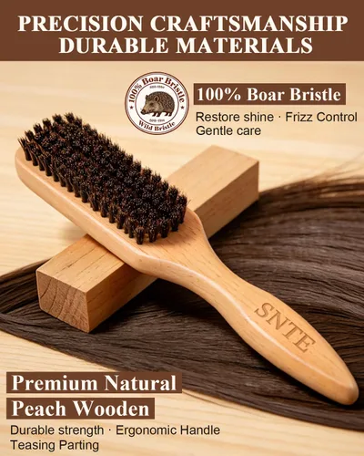Vista 2 de Cepillo de pelo 100 % con cerdas de jabalí Mango de madera de melocotón natural Restaura el brillo, controla el encrespamiento, suaviza
