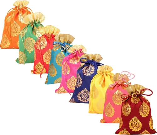 Vista 8 de Touchstone Bolsas de cordón tradicionales indias hechas a mano en tejido brocado con patrón de hojas de ficus. Perfecto para regalos, joyas, bodas