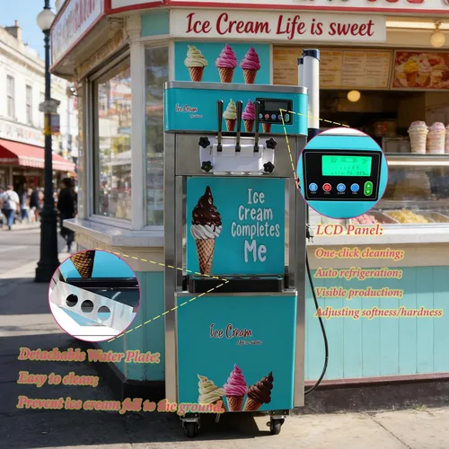 Vista 2 de Máquina comercial de helado de 3 cabezales 20-30L/H Máquina de servicio suave con tolvas dobles de 6L Limpieza automática Congelador de helado