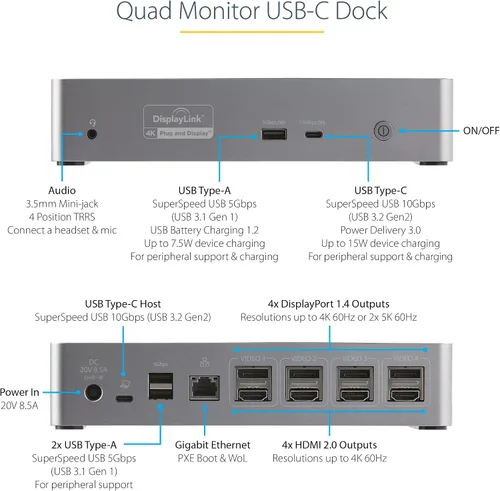 Vista 3 de StarTech - Base USB-C Quad 4K, MacBook Pro/Air M1-M4 y Windows, 100 W, HDMI