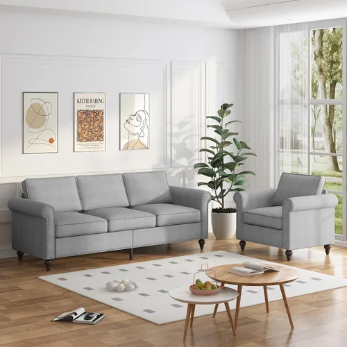 Vista 15 de Mjkone Juego de 2 Piezas para Sala de Estar, Sofás Seccionales, Juego de Sofá y Silla, Sofá Moderno de Lino con Marco de Madera y Patas