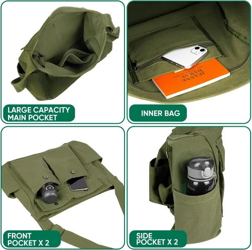 Vista 5 de Bolsa tipo mensajero de lona, con múltiples bolsillos, estética, para la escuela, viajes, bolso bandolera grande para mujeres y hombres
