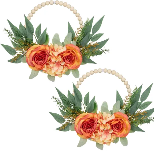 Vista 9 de Coronas artificiales de eucalipto con cuentas de madera para puerta delantera, coronas de hojas de eucalipto de 10 pulgadas, decoración de primavera