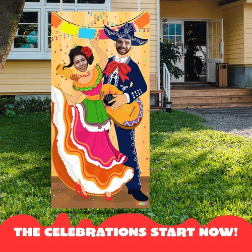 Vista 5 de JOYIN Cartel de puerta de fotos de pareja del Cinco de Mayo para suministros de fiesta, decoración de fondo de fotografía mexicana, fondo de cabina