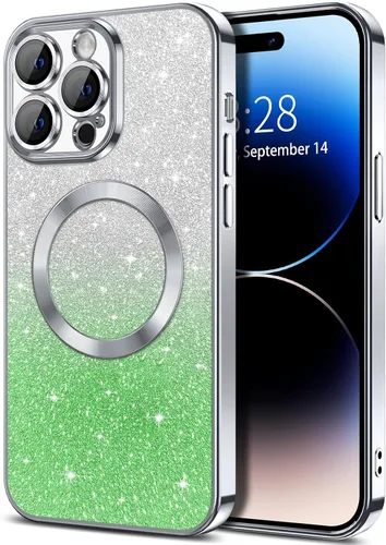 Vista 123 de Hython Funda para iPhone 13 Pro transparente con purpurina magnética [compatible con MagSafe] Protector completo de lente de cámara delgado
