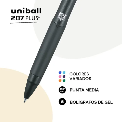 Vista 2 de Bolígrafos de gel retráctiles uniball™ 207 Plus+, punta media (0,7 mm), surtidos, paquete de 6