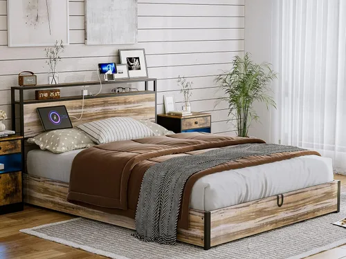 Vista 6 de IKIFLY Cama de almacenamiento elevable tamaño Queen, marco de cama de metal con estante de almacenamiento de 2 niveles y estación de carga, listones