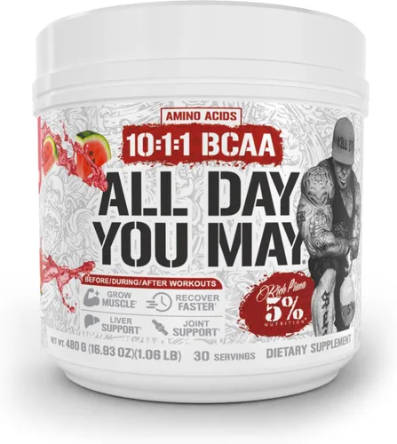 Vista 16 de 5% Nutrition Rich Piana AllDayYouMay BCAA Powder Aminoácidos prémium para intra y después del entrenamiento, EAA, electrolitos Hidratación