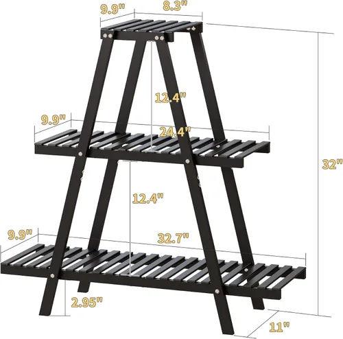 Vista 2 de Soporte de bambú para plantas interior/exterior, 3 niveles, negro, rectangular, 8 macetas para flores, estante para plantas
