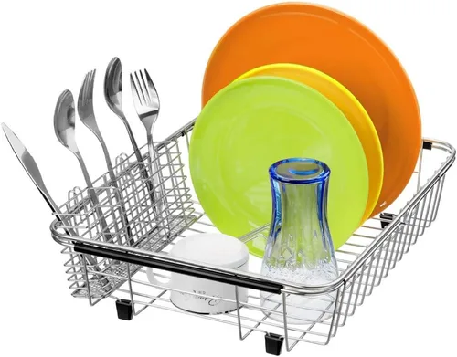Vista 4 de SANNO Escurridor de platos con soporte para utensilios de acero inoxidable, escurridor grande para platos, estante expandible para fregadero o sobre