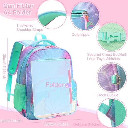 Vista 3 de RHCPFOVR Mochila infantil para niñas – Mochila para niñas de 3 a 8 años, sirena para niños, mochila escolar de 15 pulgadas para jardín de infantes
