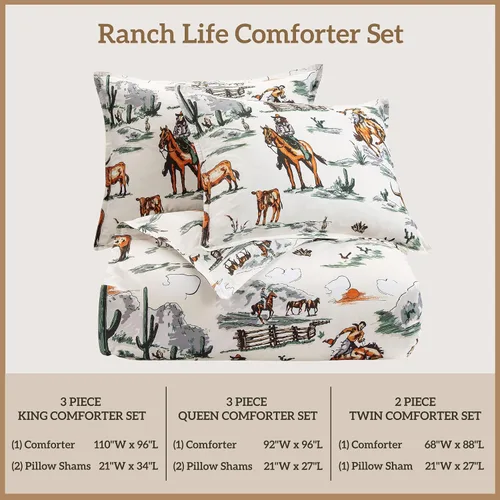 Vista 8 de Paseo Road Ranch Life Western Bedding, Juego de edredón de 2 piezas tamaño Twin de algodón, juego de edredón occidental con estampado de caballo