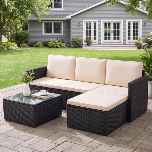 Vista 2 de Greesum Juego de muebles de patio de 3 piezas para exteriores, sofá modular de mimbre con asiento ajustable, cojines suaves y mesa auxiliar