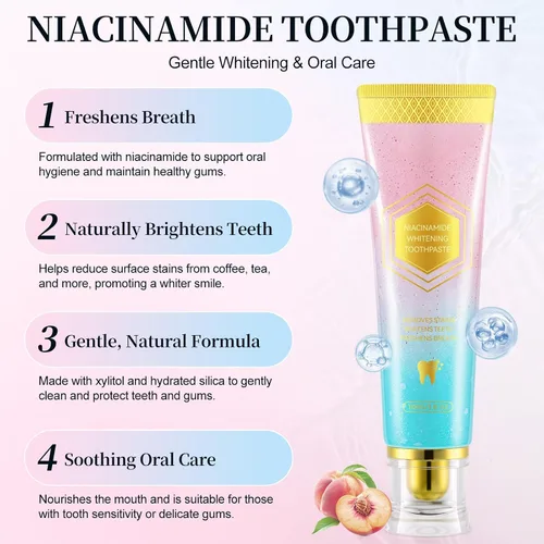 Vista 5 de Paquete de 2 pasta dental blanqueadora de niacinamida, pasta dental intensiva de niacinamida, aliento fresco, elimina las manchas de los dientes