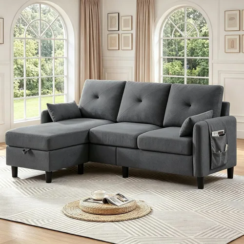 Vista 10 de Sofás Seccionales Convertibles de 77", Sofá en Forma de L de 3 Asientos con Chaise de Almacenamiento y Almohadas Removibles, Sofá Pequeño de Tela