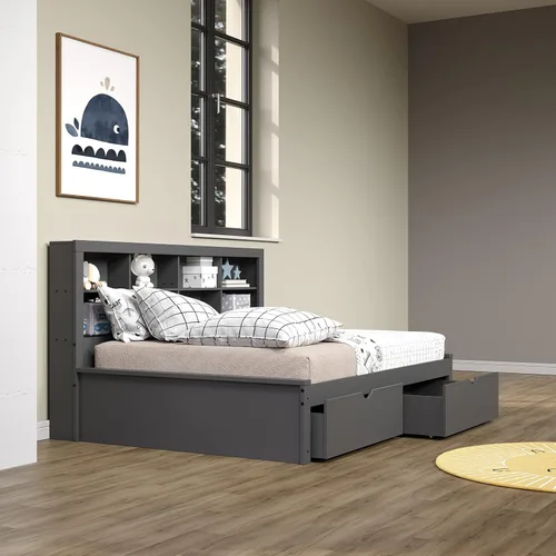 Vista 2 de Donco Kids Equable Modern - Estantería de sofá cama matrimonial en acabado gris oscuro con cajones dobles debajo de la cama