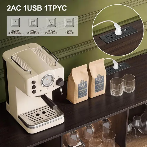 Vista 5 de DHH Gabinete de bar de vino de 55 pulgadas con almacenamiento, licor estriado y barra de café con estante para vino y soporte para vidrio, aparador